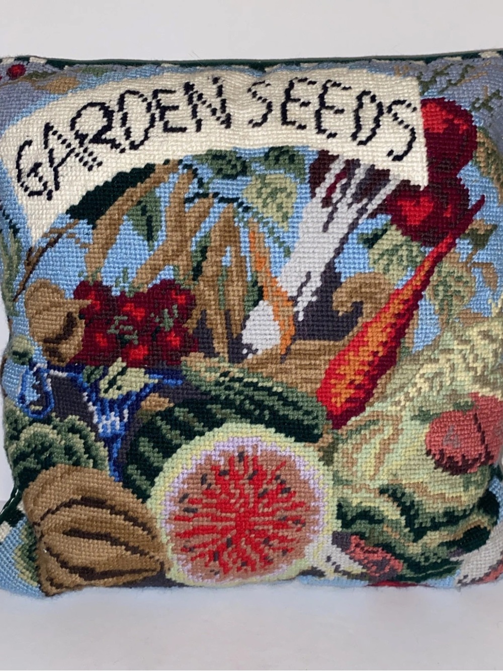 Vintage Needlepoint Pillow Garden Seeds Vegetables Accent Pillow 12” X 12”